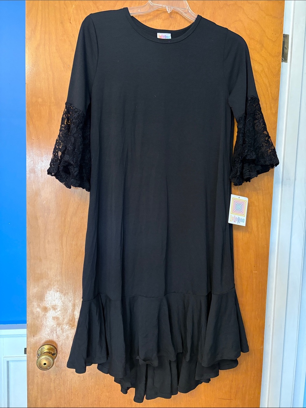 LuLaRoe Black Ruffle Hem Dress with Lace Bell Sleeves